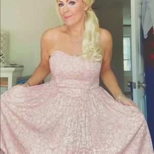 Adorable Pink& White floral strapless dress , Size Small , has lining underneath